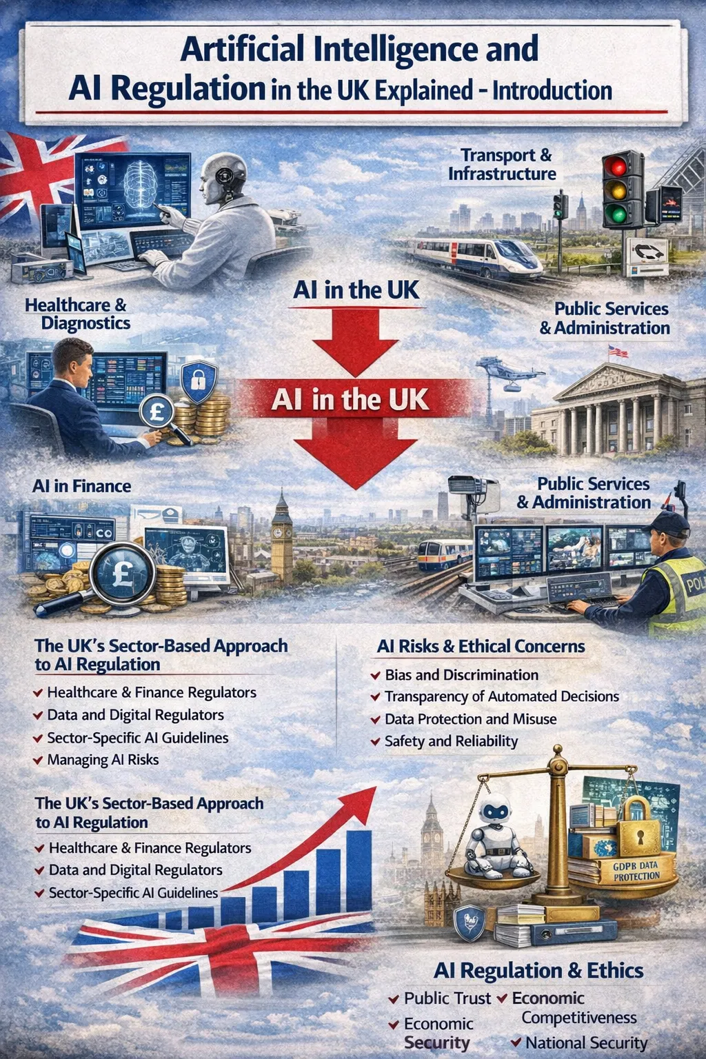 Illustration showing artificial intelligence systems and AI governance in the UK