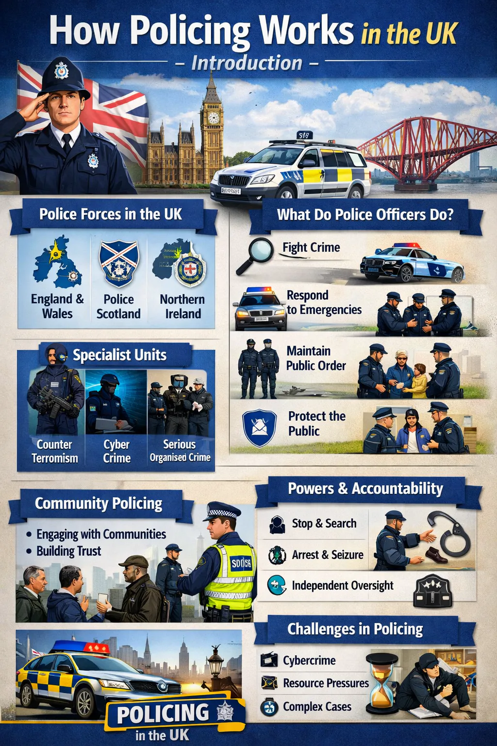 Illustration showing UK police officers and local policing across communities