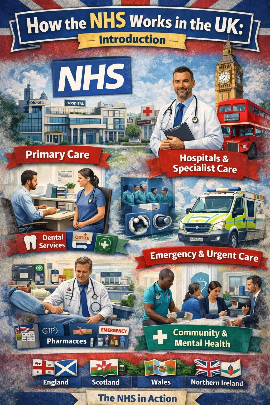 Illustration showing NHS hospitals, doctors and healthcare services in the UK