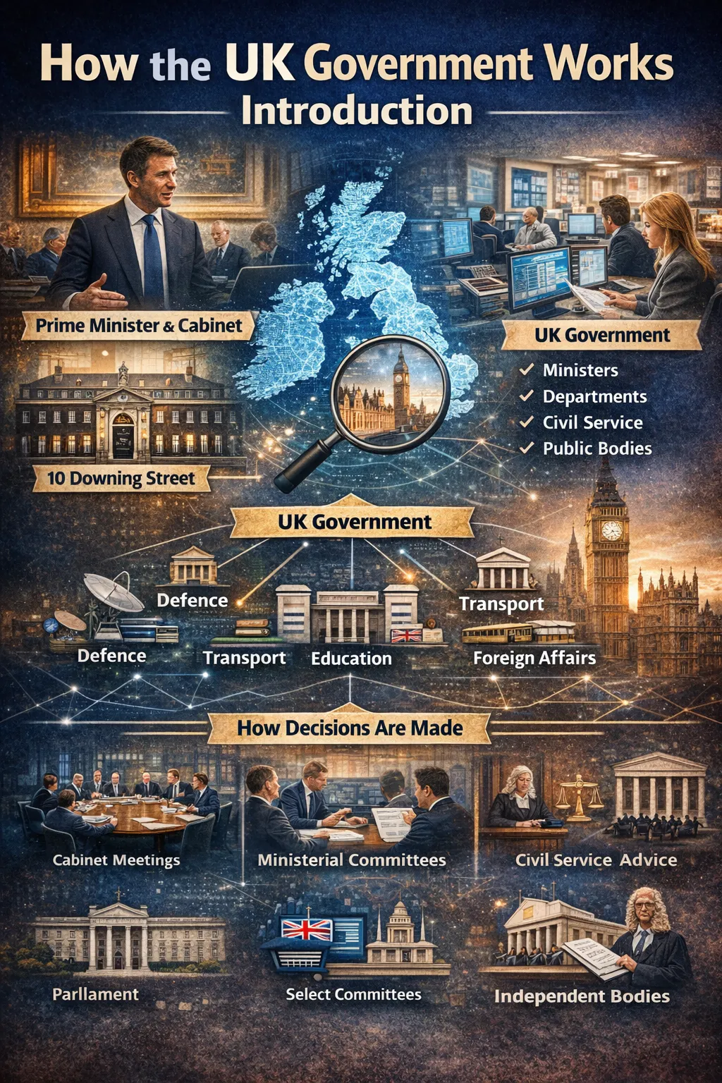 Illustration showing the structure of the UK government and executive leadership