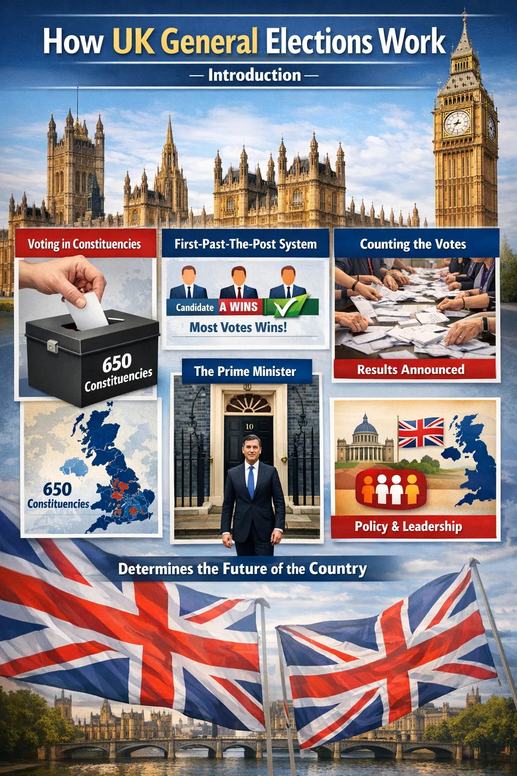Illustration showing the UK general election voting and ballot counting process