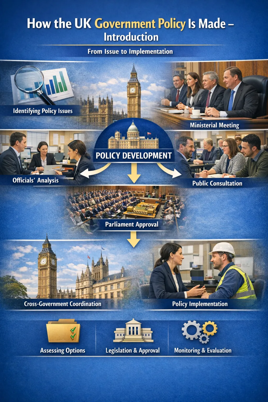 Illustration showing the UK government policy development and approval process