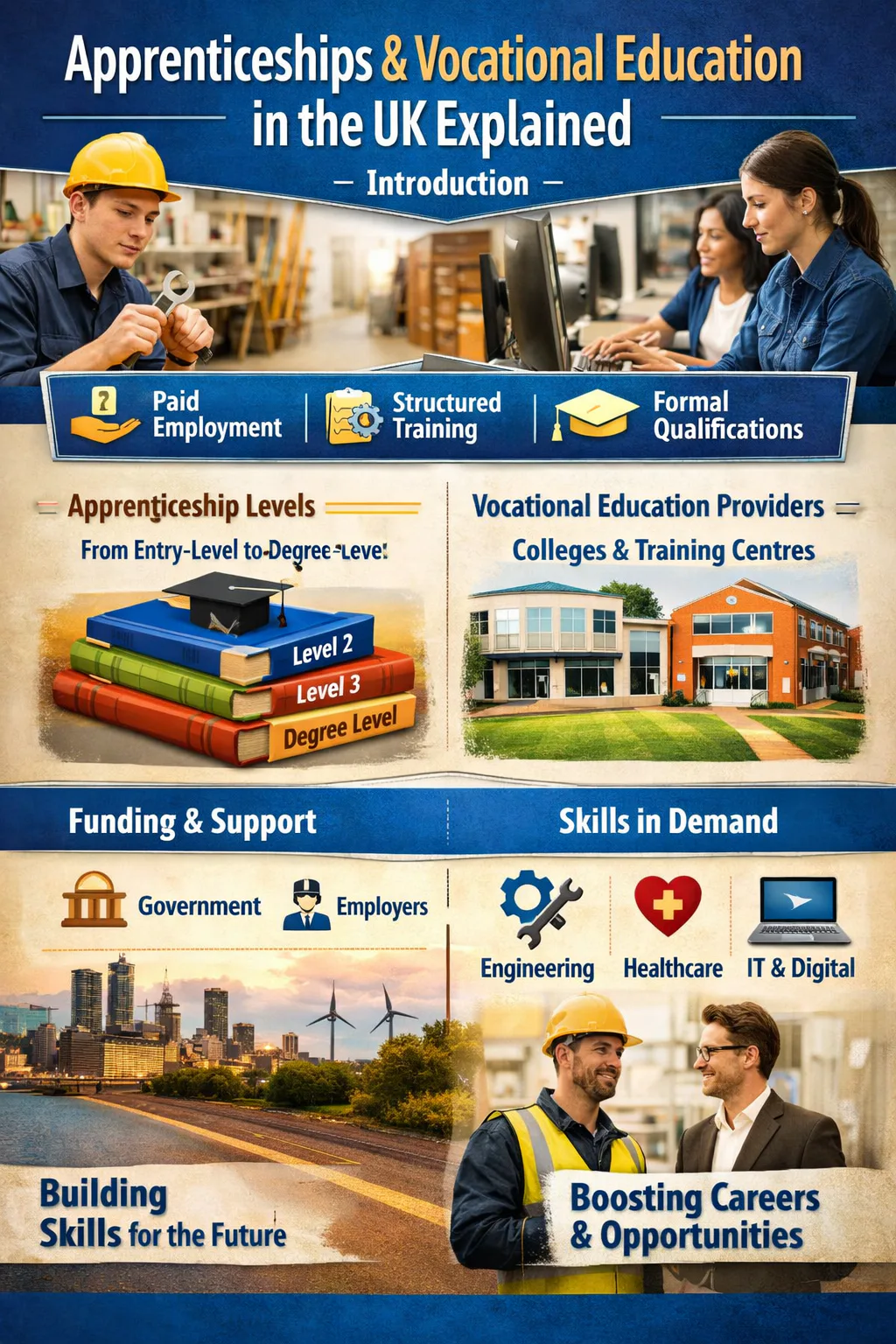 Illustration showing apprentices and vocational training in UK workplaces and colleges