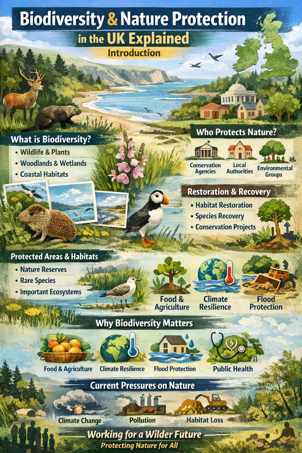 Illustration showing biodiversity and protected natural habitats in the United Kingdom