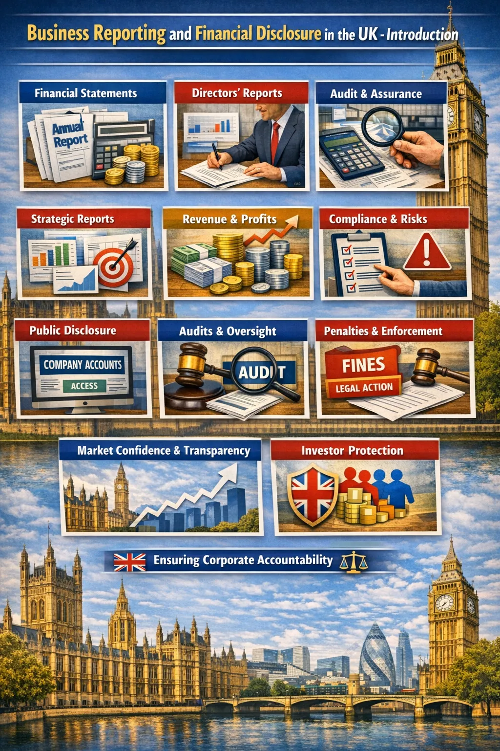 Illustration showing company financial reporting and public disclosure in the UK