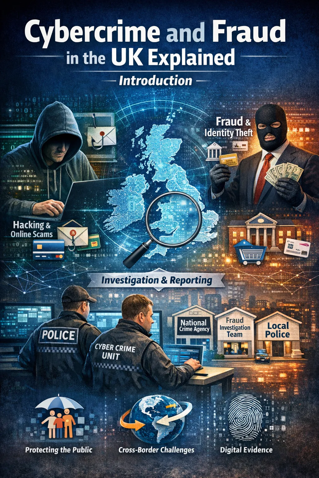 Illustration showing online fraud and cybercrime activity affecting UK users