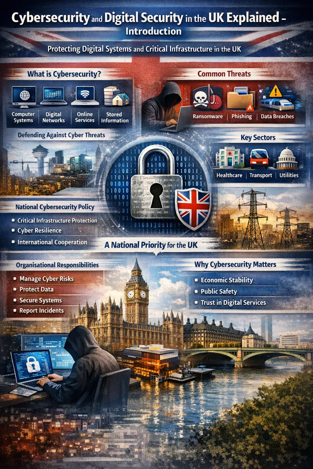 Illustration showing cyber threats and digital security protection in the UK