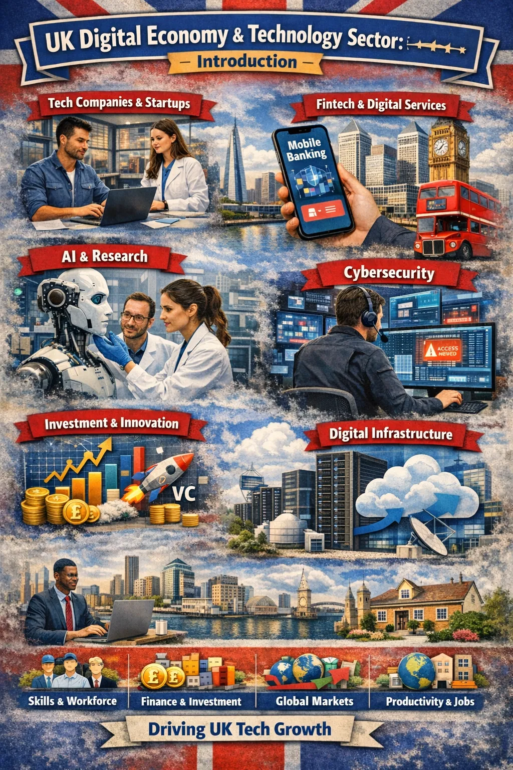 Illustration showing the UK digital economy and technology industry