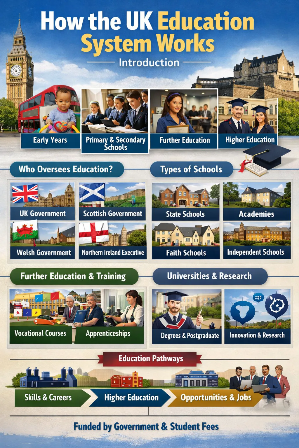 Illustration showing the UK education system including schools, colleges and universities