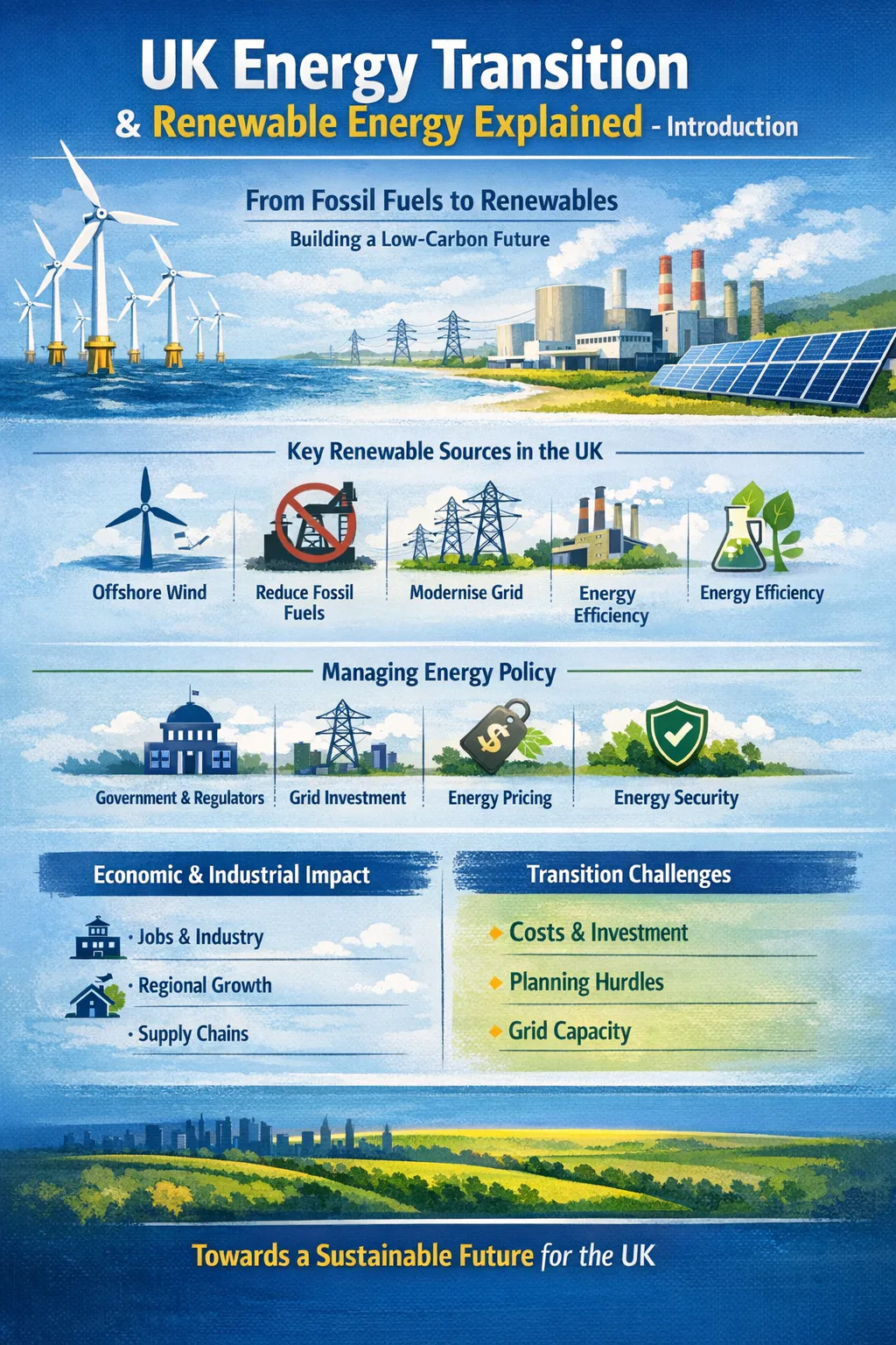 Illustration showing renewable energy projects and energy transition in the United Kingdom