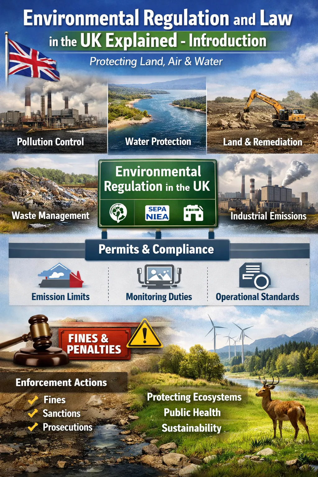Illustration showing environmental regulation and legal enforcement in the United Kingdom