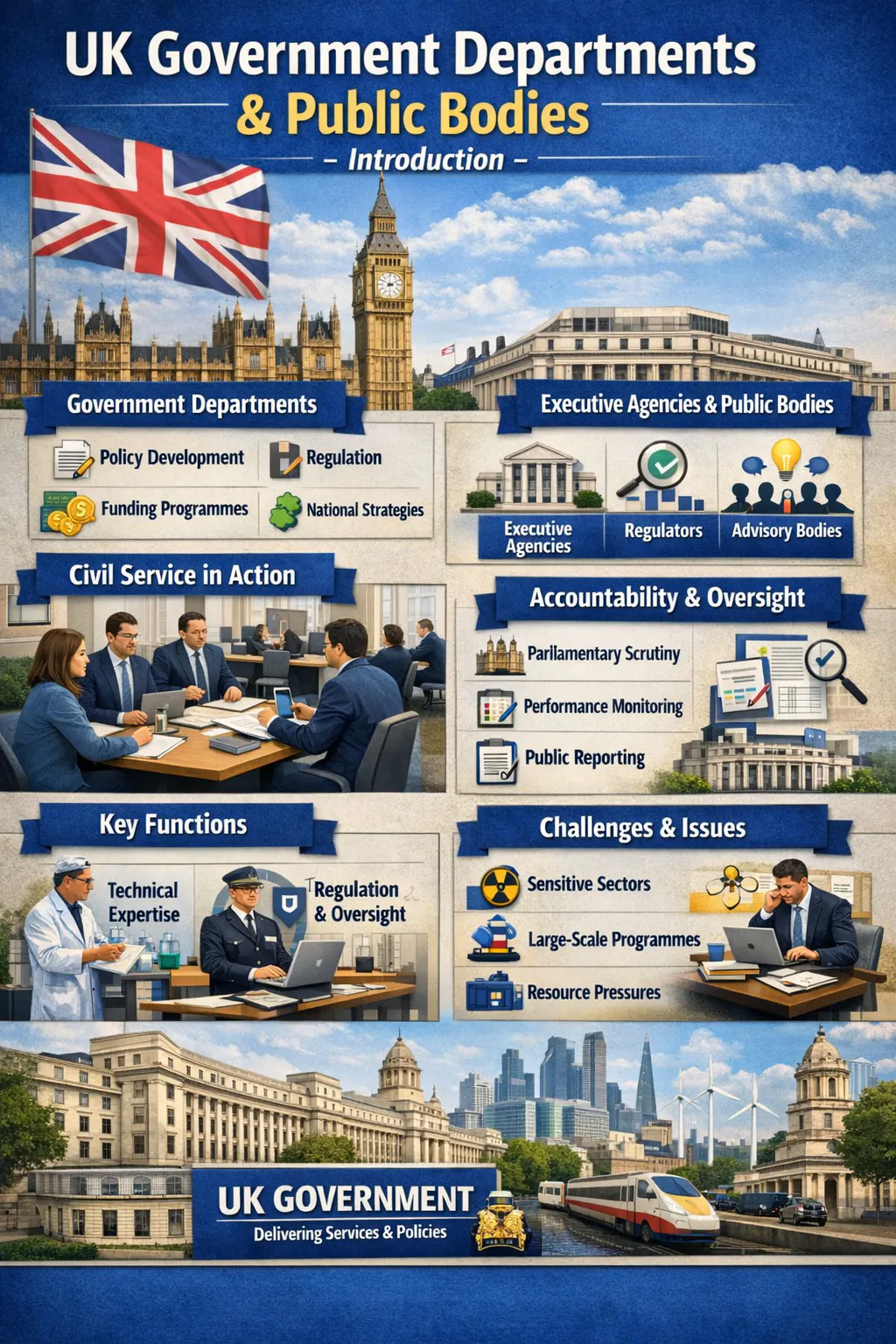 Illustration showing UK government departments and public agencies working together