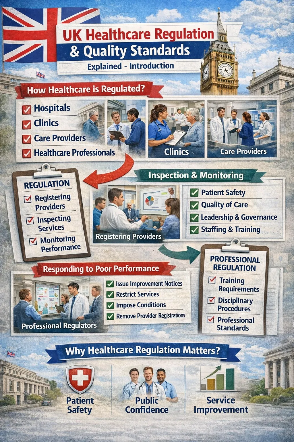Illustration showing healthcare inspection and quality regulation in the UK