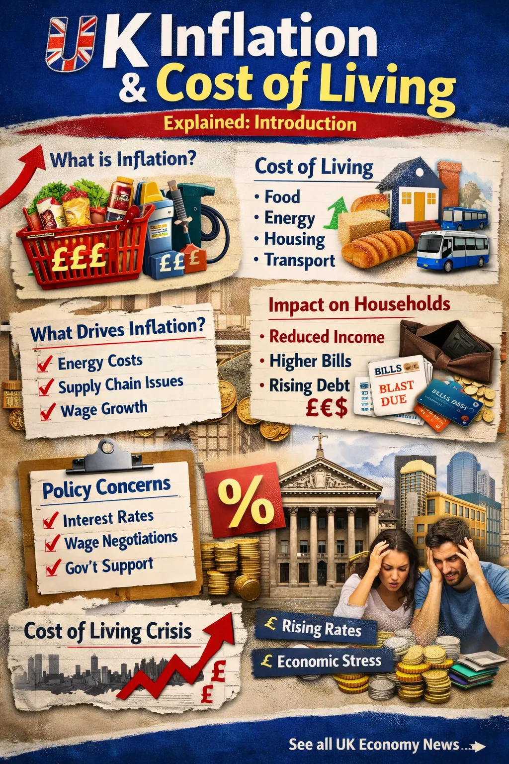 Illustration showing rising prices and household living costs in the UK