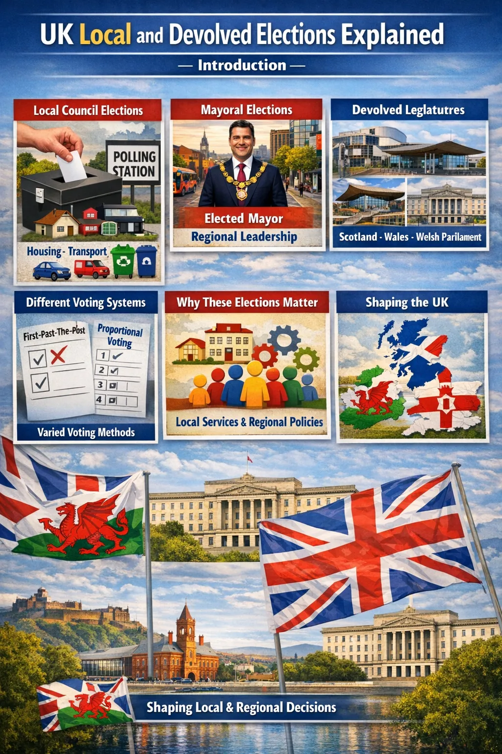 Illustration showing local council and devolved election voting in the UK