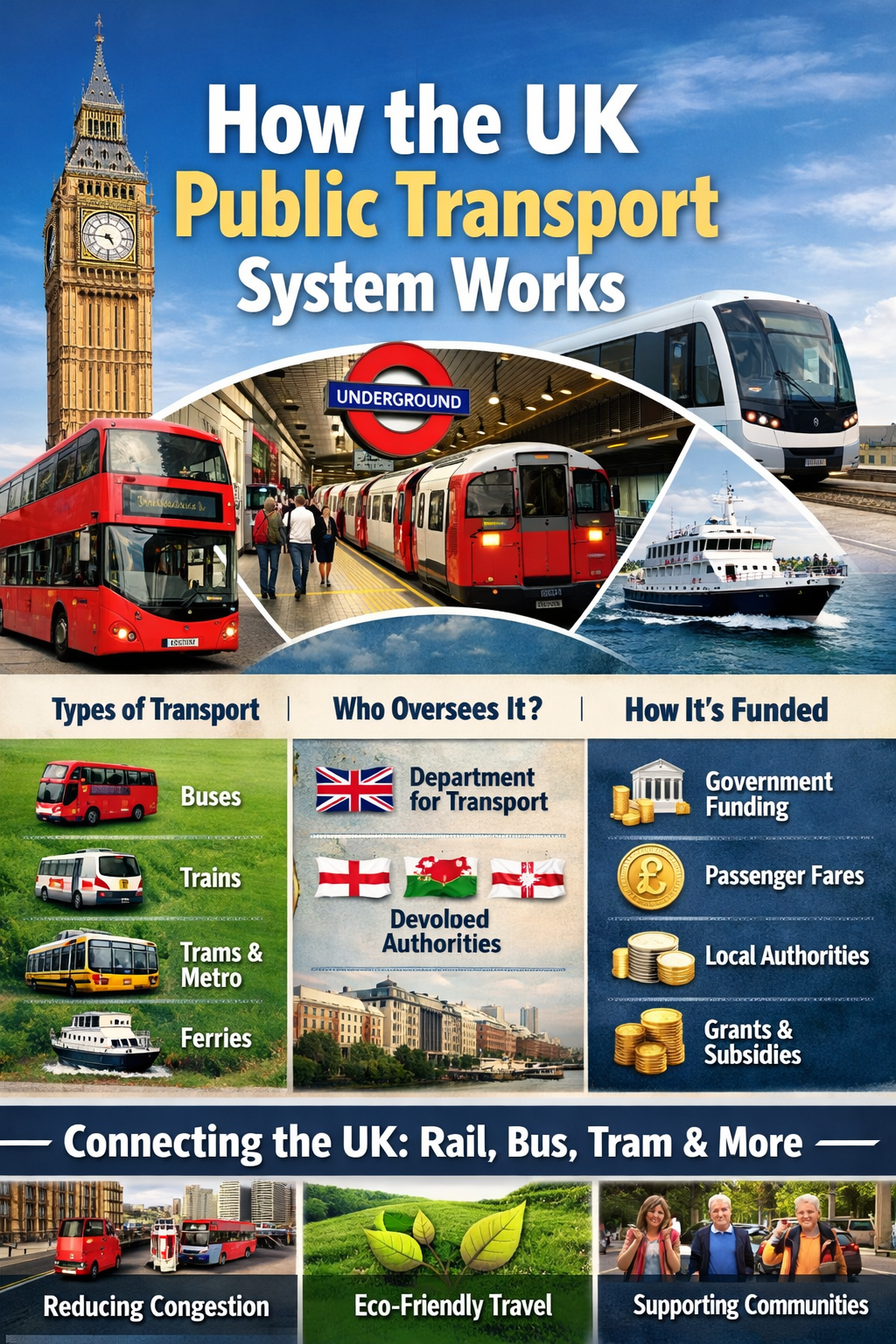 Illustration of the UK public transport system showing trains, buses and urban transport infrastructure