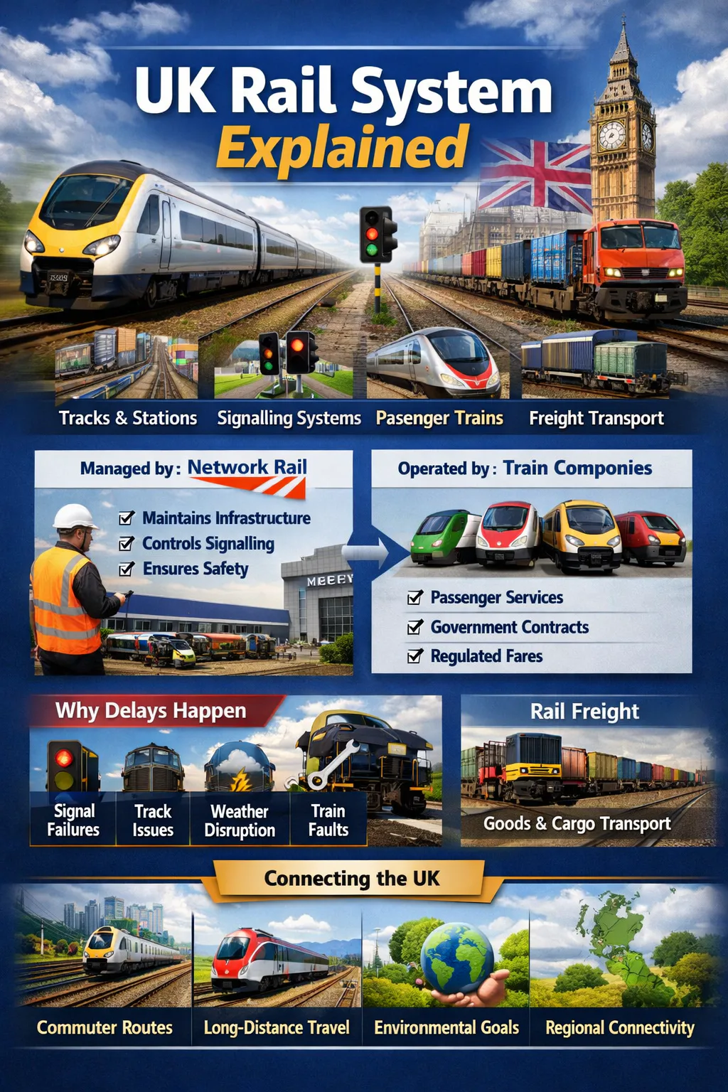Illustration of the UK rail system showing railway lines, trains and major stations
