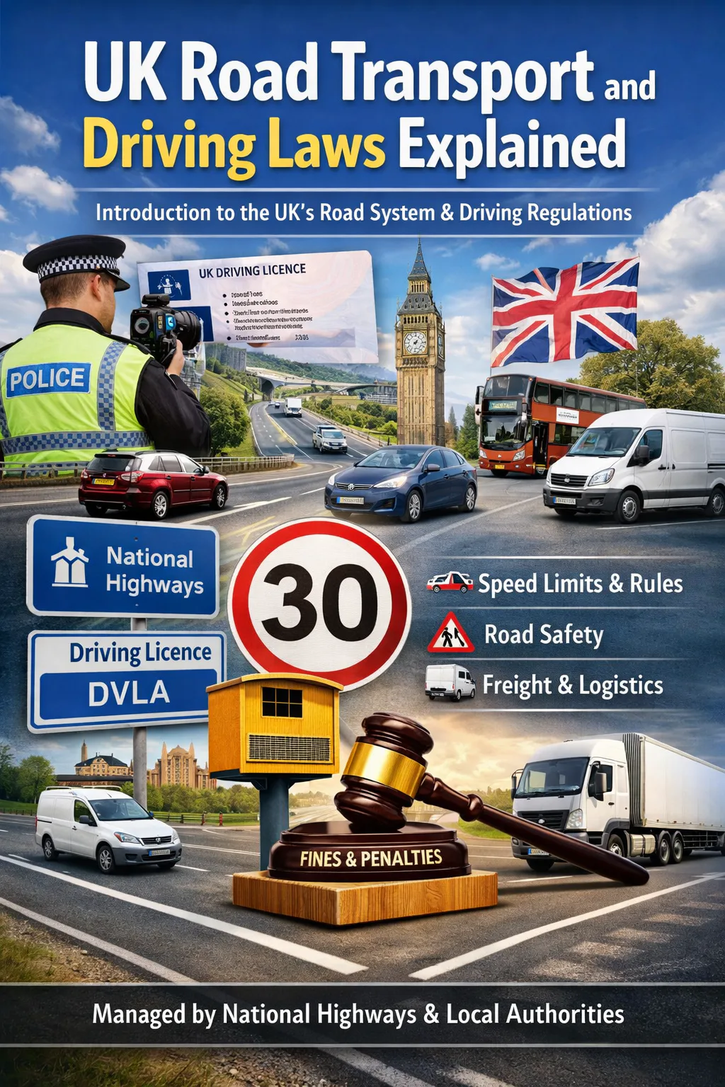 Illustration of UK roads and motorway traffic showing vehicles and road infrastructure