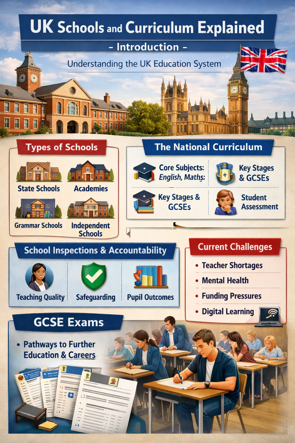 Illustration showing pupils and teachers in UK schools and classrooms