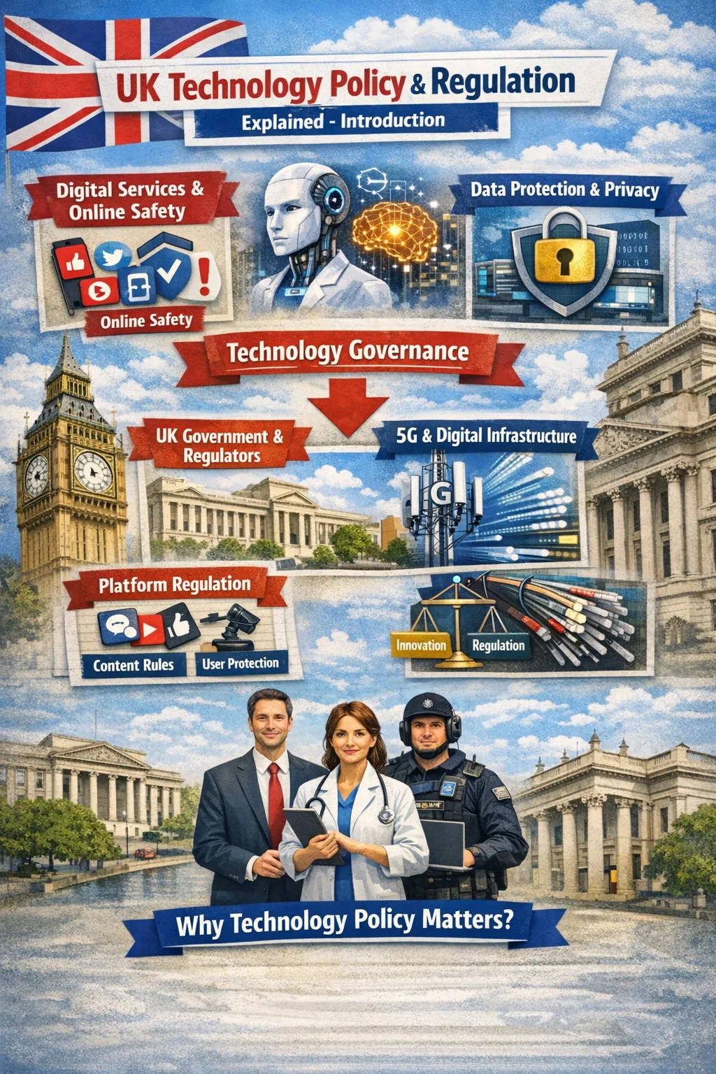 Illustration showing UK digital policy and technology regulation frameworks