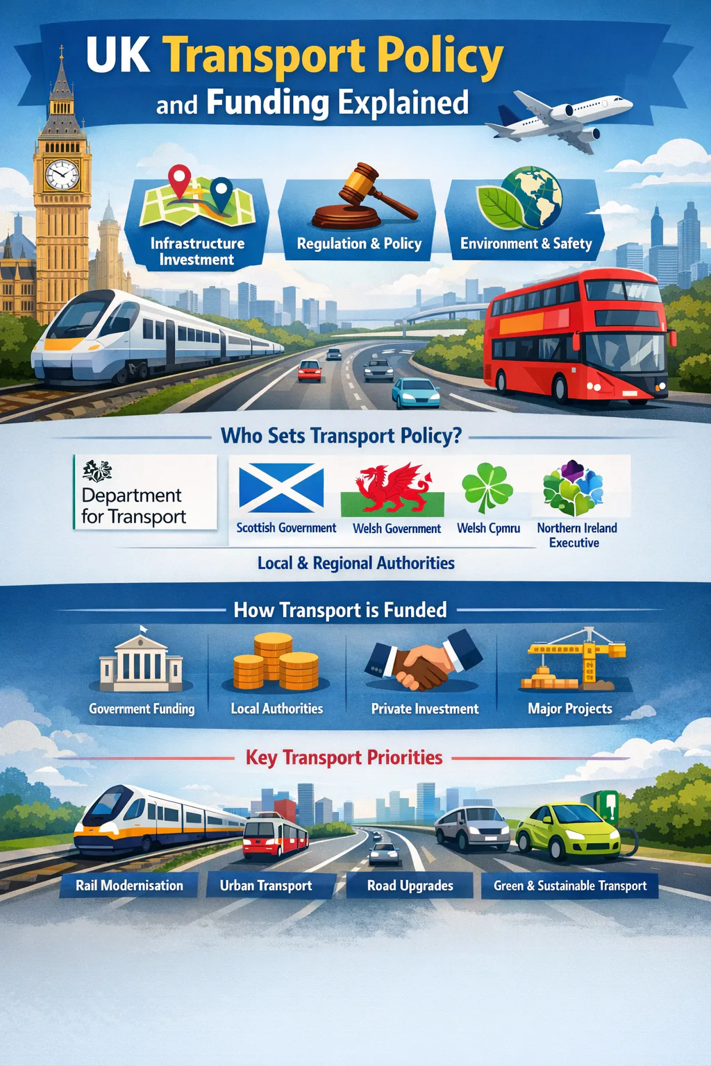 Illustration representing UK transport policy and infrastructure planning, including rail and road projects