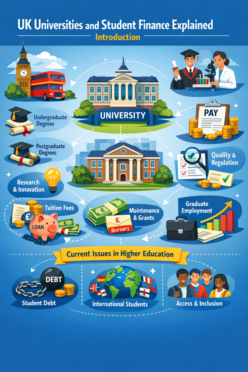Illustration showing students at a UK university campus and higher education facilities