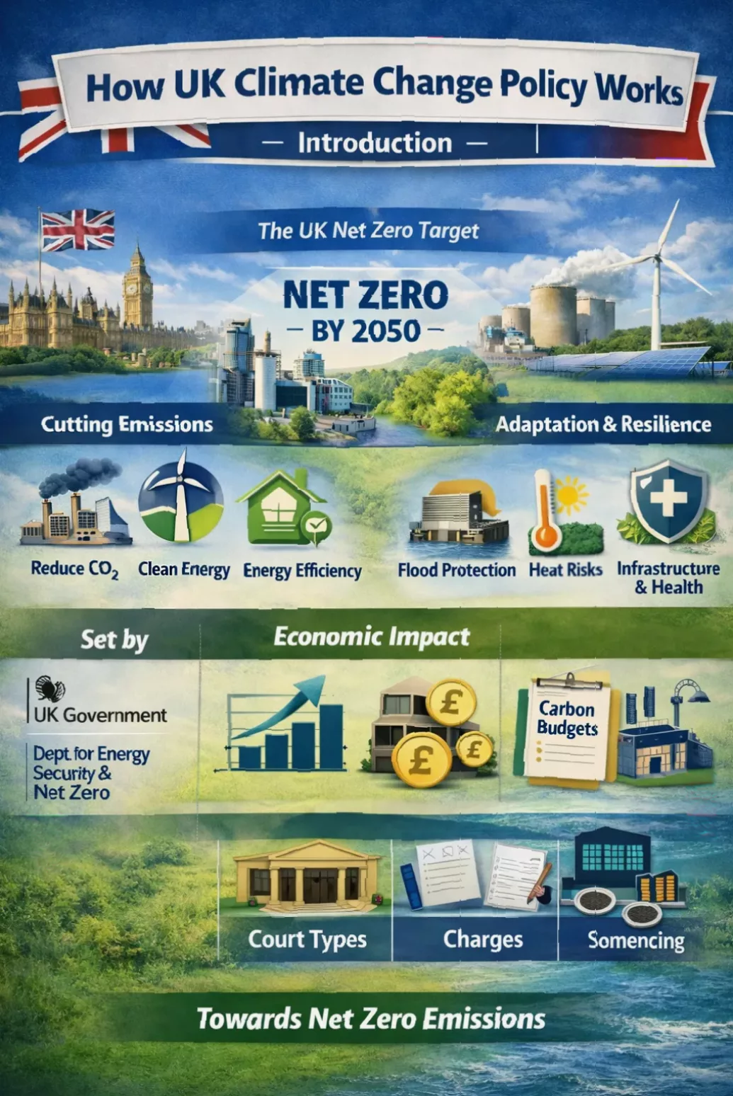 Illustration showing climate policy and net zero targets in the United Kingdom