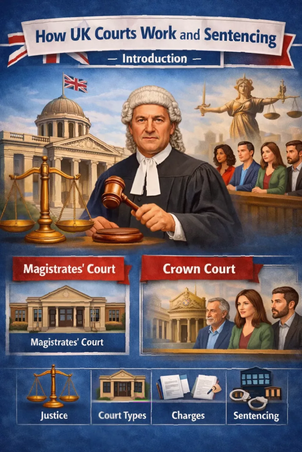 Illustration showing a UK courtroom with judges, lawyers and jury