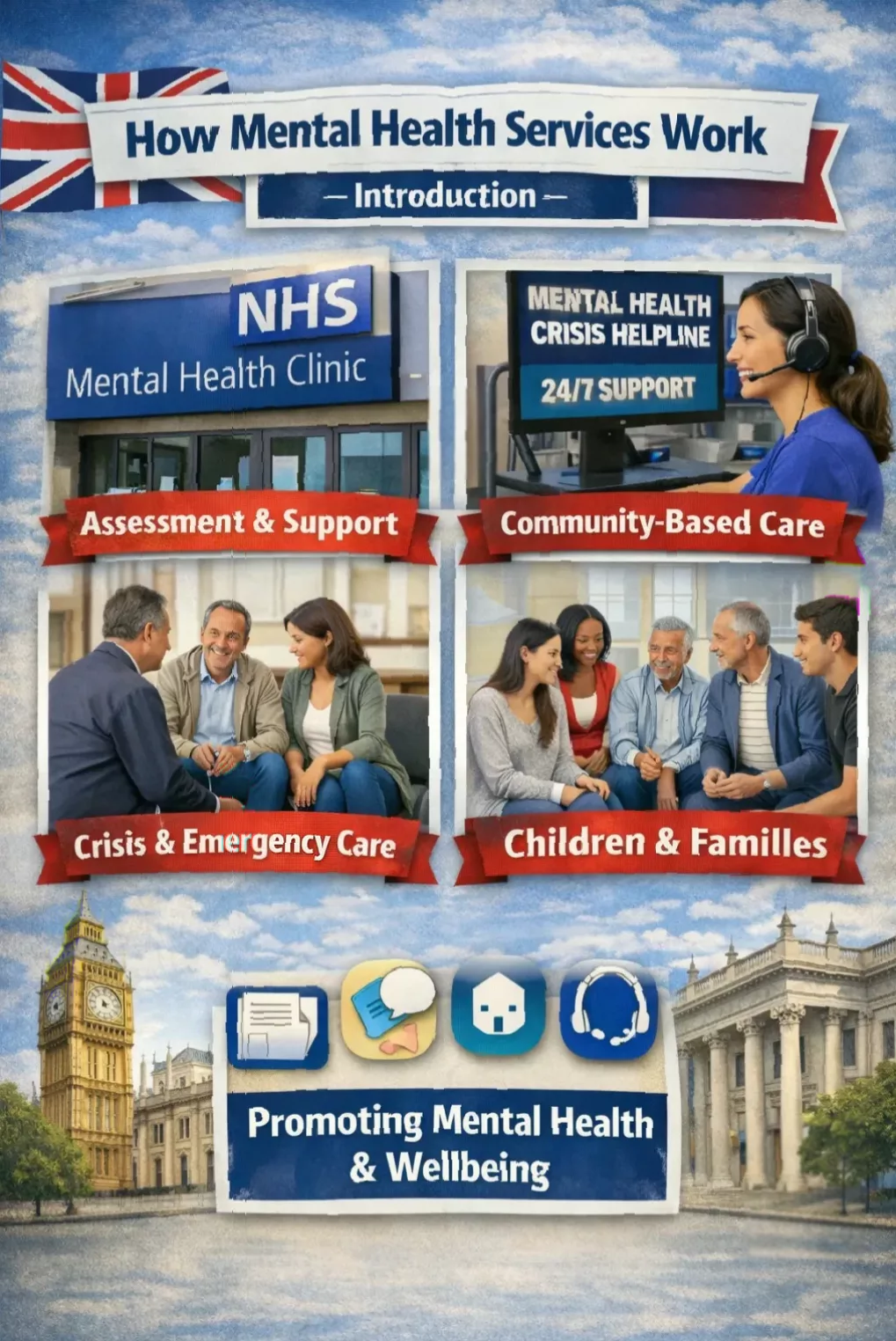 Illustration showing mental health support services and community care in the UK