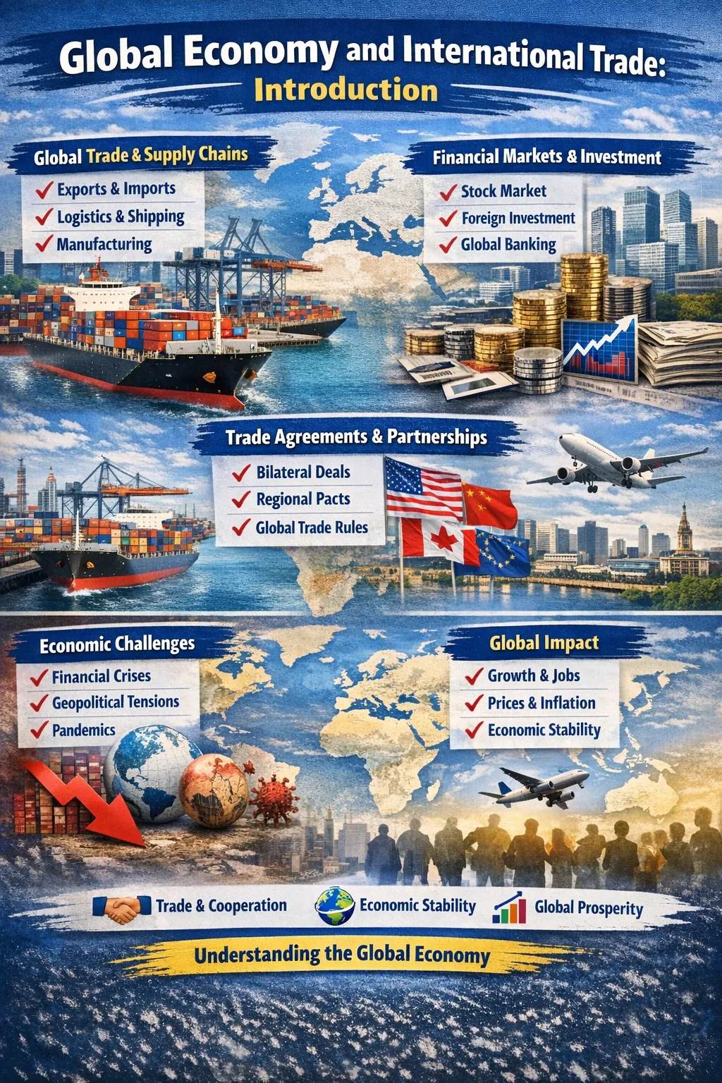 Illustration showing international trade flows and the global economy