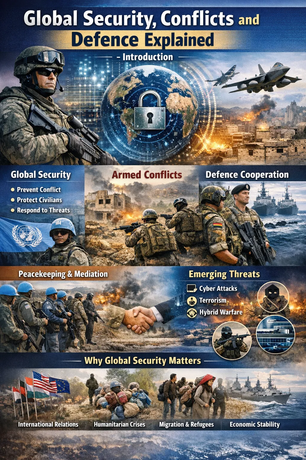 Illustration showing global security challenges and international conflict situations