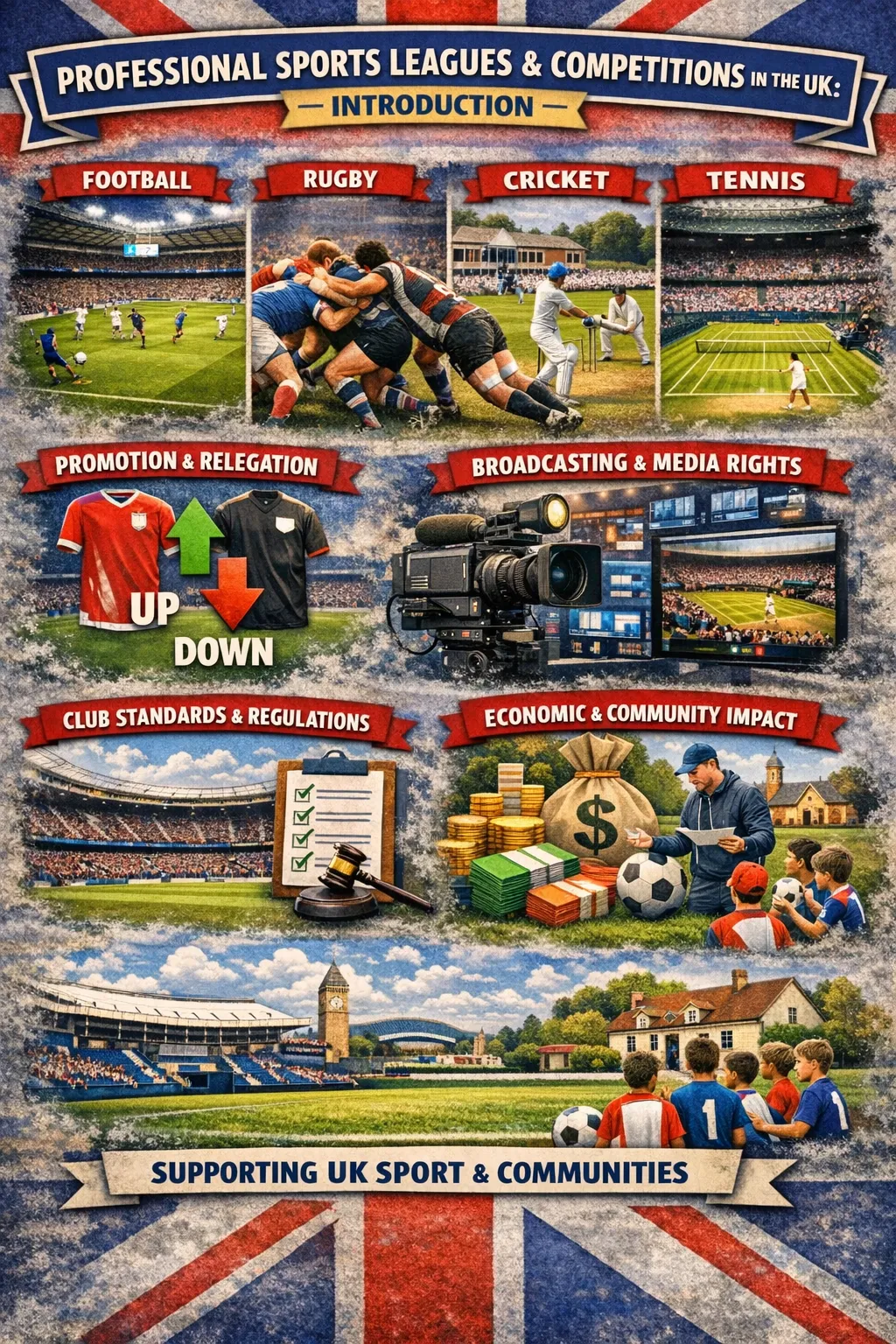 Illustration showing professional sports competitions and stadium events in the UK
