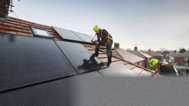 New housing development with solar panels on rooftops.