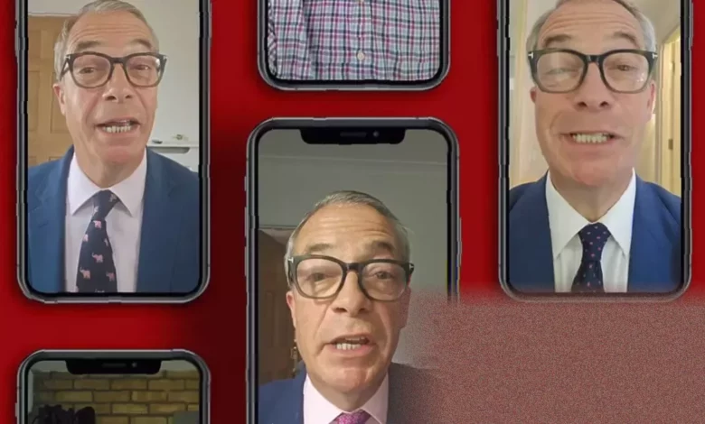 Nigel Farage speaking directly to camera in a Cameo video recording.