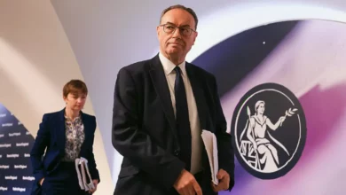 Bank of England Governor Andrew Bailey addresses a press conference.