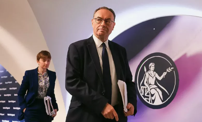 Bank of England Governor Andrew Bailey addresses a press conference.