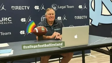 Bill Belichick smiling on a conference call for University of North Carolina media duties.