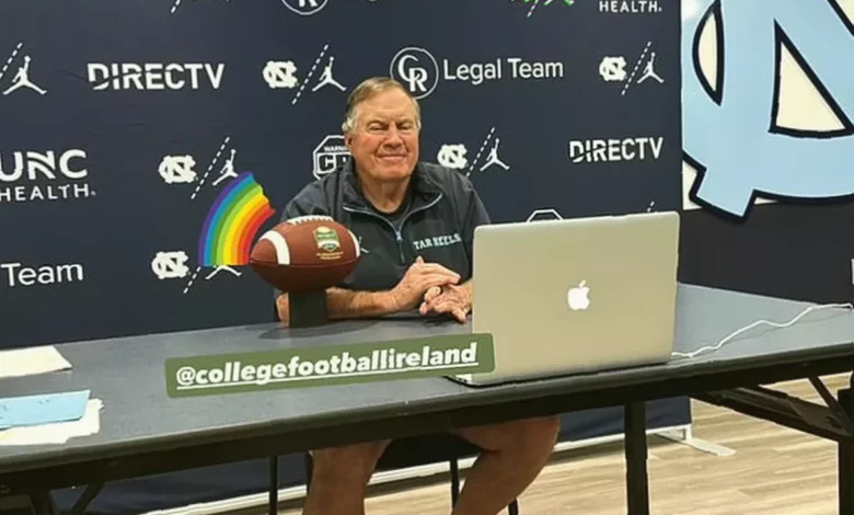 Bill Belichick smiling on a conference call for University of North Carolina media duties.