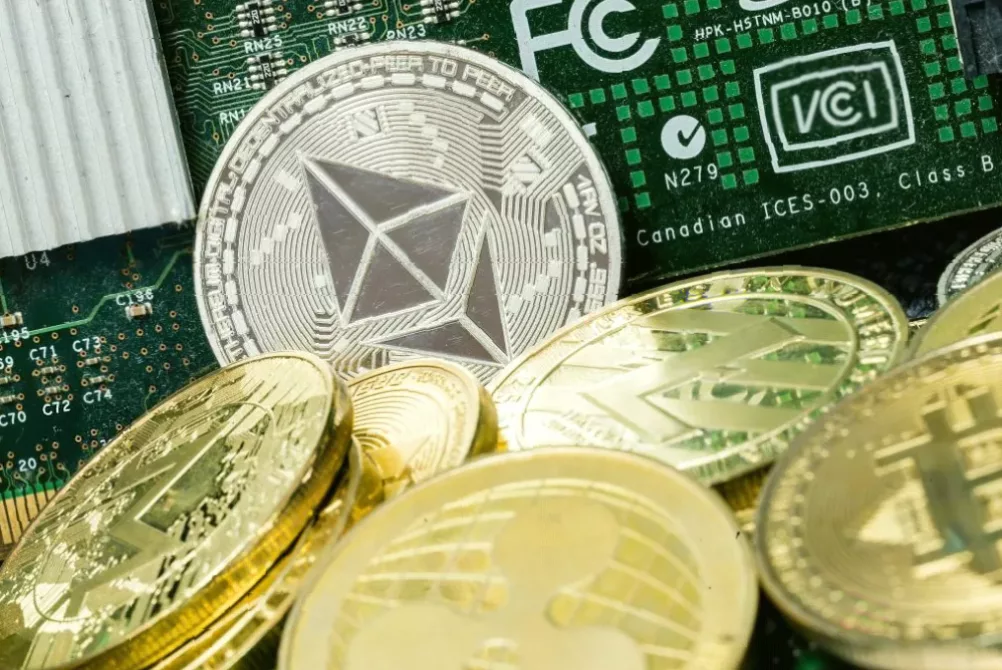 A visual representation of 61,000 bitcoin as digital currency flowing into a vault.