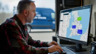 A dashboard display showing real-time fleet telematics data and vehicle locations on a map.