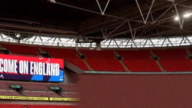A football World Cup qualifying playoff match in a packed stadium.