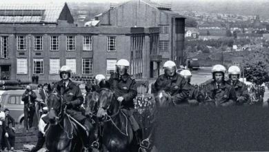 Police and miners in a confrontation outside the Orgreave coking plant in 1984.