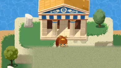 Artemis using her bow to merge objects in the vibrant game world.