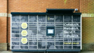 InPost parcel locker on a UK high street with branding.