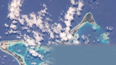 Aerial view of the remote Diego Garcia atoll in the Indian Ocean.