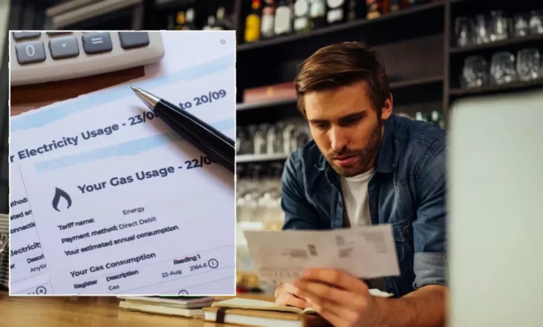 A publican checks energy usage data on a tablet in a busy pub kitchen.