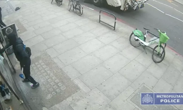 A blue Ford Fiesta used to ram a shop door on Sloane Street.