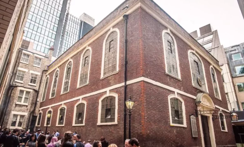 The historic facade of Bevis Marks Synagogue, Britain's oldest synagogue.