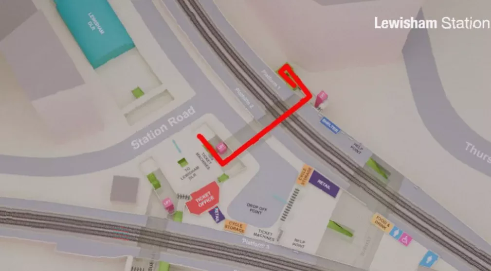 Aerial view of Lewisham station showing the railway lines and DLR interchange.