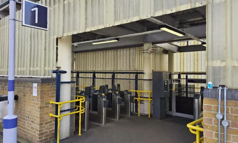 Crowds of commuters queueing at Lewisham station's old ticket barriers on a busy platform.